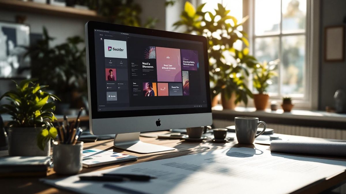 Designer workspace with logo design on screen, business cards, social media mockups, and event banner.