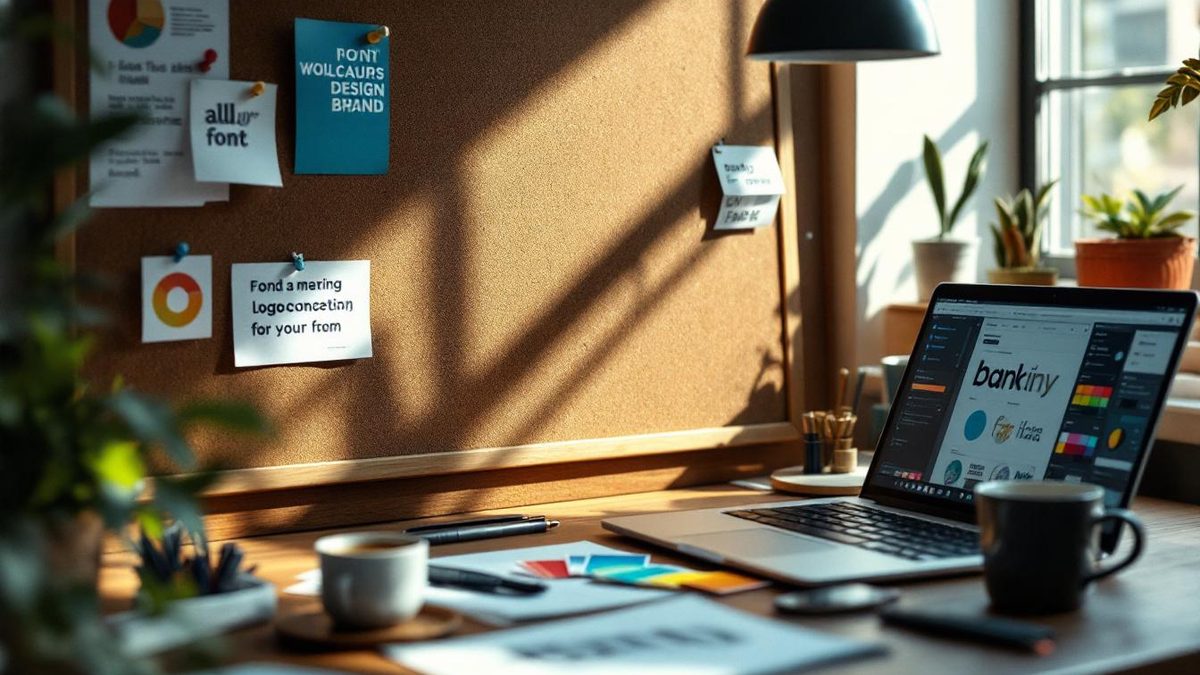 Designer workspace with mood board and font samples for logo design.