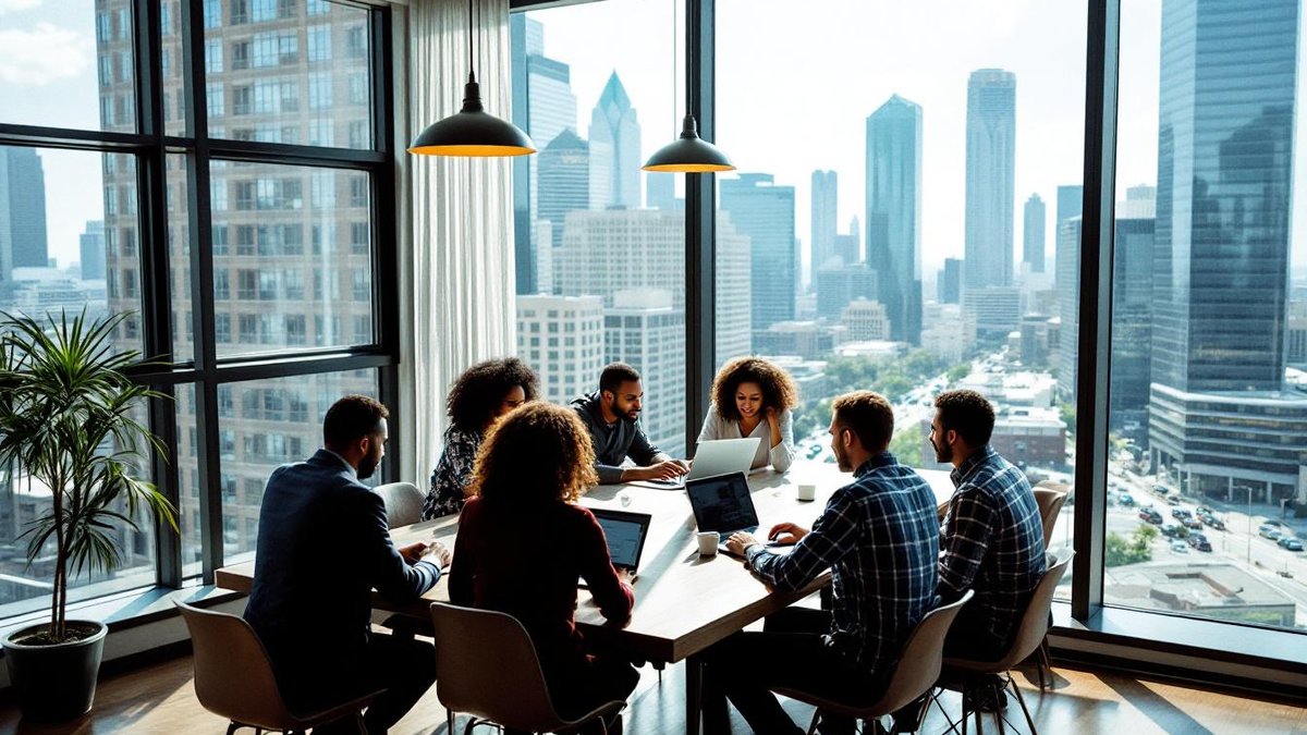 Business owners in Houston discuss web design basics in a modern office.