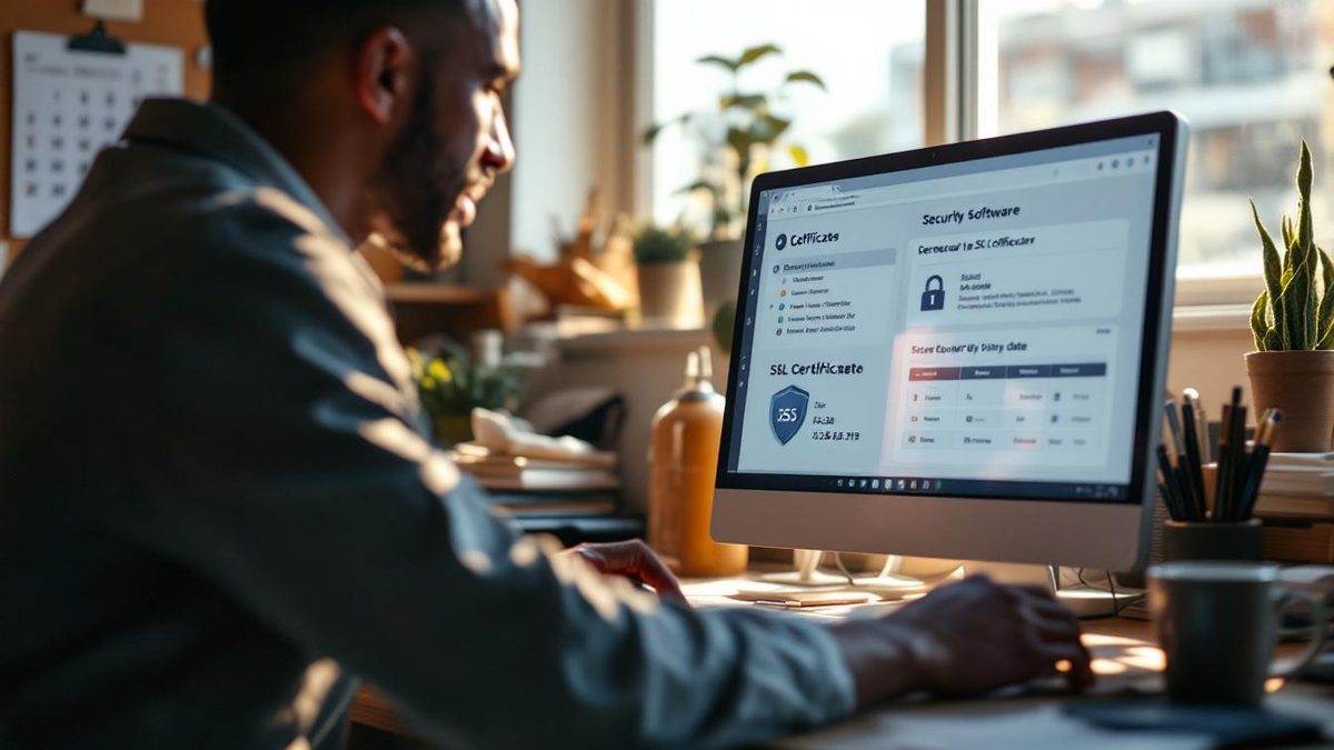 Business owner reviewing website security measures on a computer.