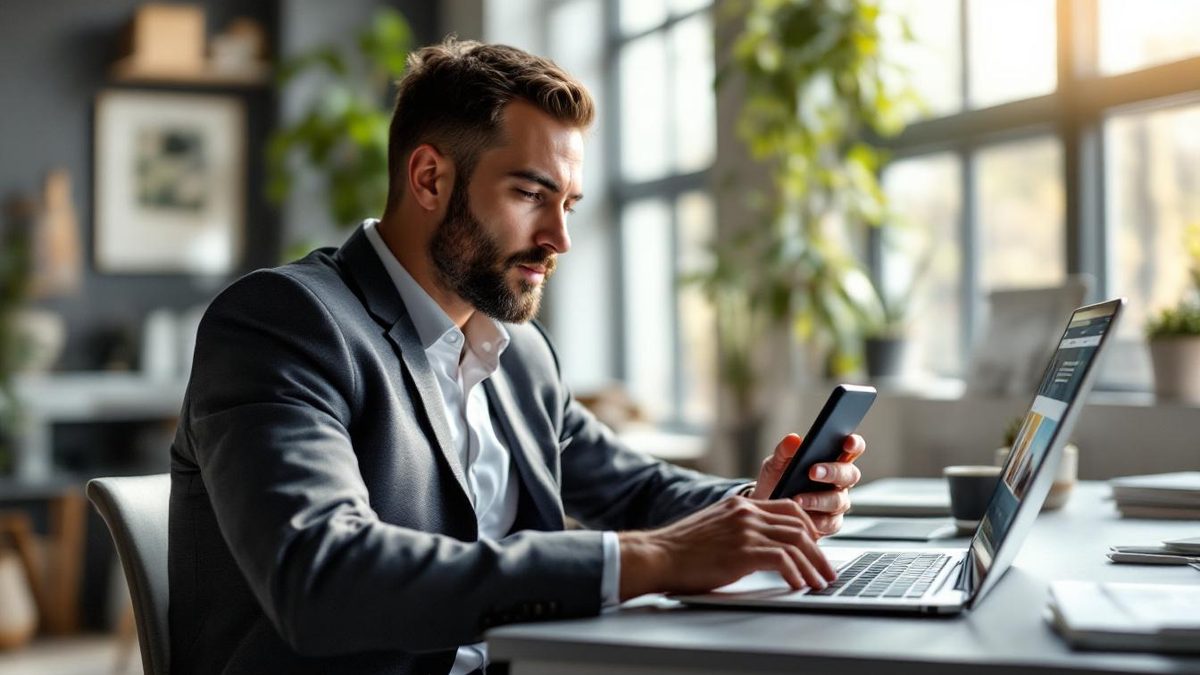 Business owner reviewing responsive website design on laptop and smartphone in a modern office.