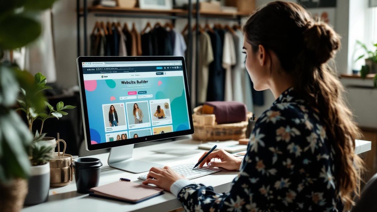 Boutique owner customizing a website using a website builder on a laptop in a bright and creative workspace.