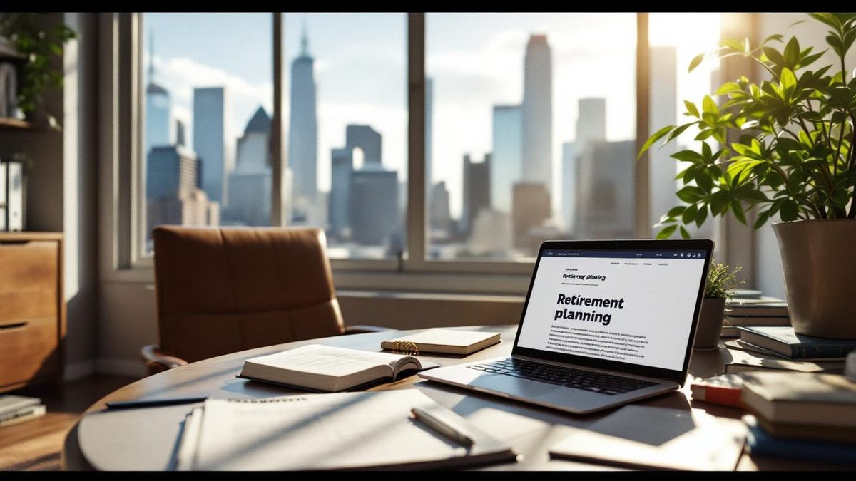 A financial advisor's office in Houston focusing on content strategy, with a laptop and books about retirement planning.