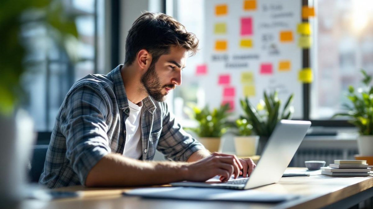 Web designer optimizing a website for SEO in a modern office.