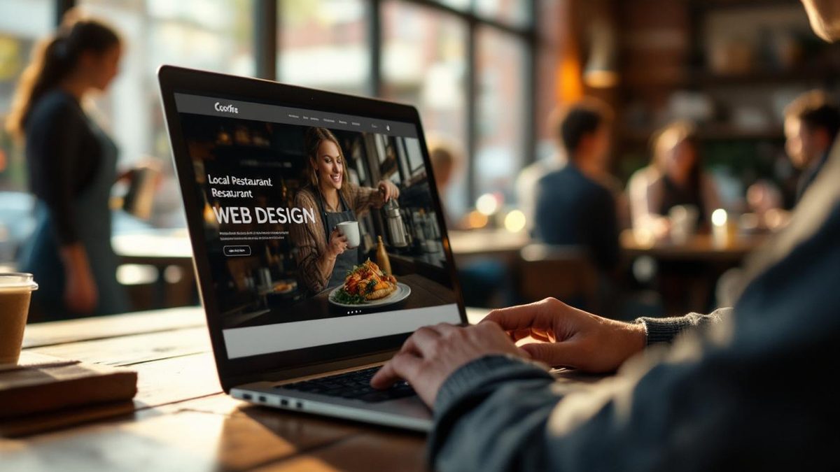 Person in a coffee shop viewing a well-designed restaurant website on a laptop.