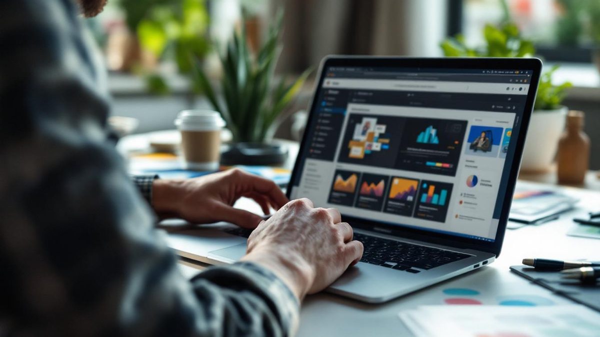 Designer creating a website layout in a bright workspace.