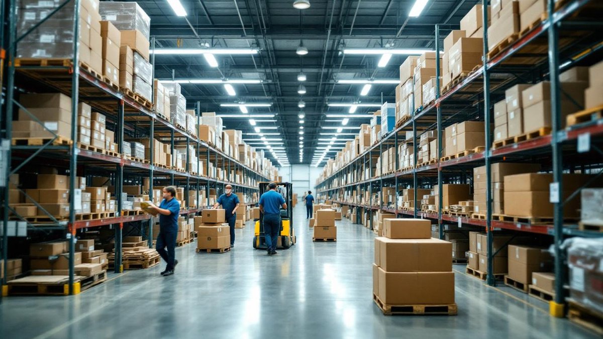 Ecommerce warehouse in Houston with packages and workers, ecommerce shipping setup