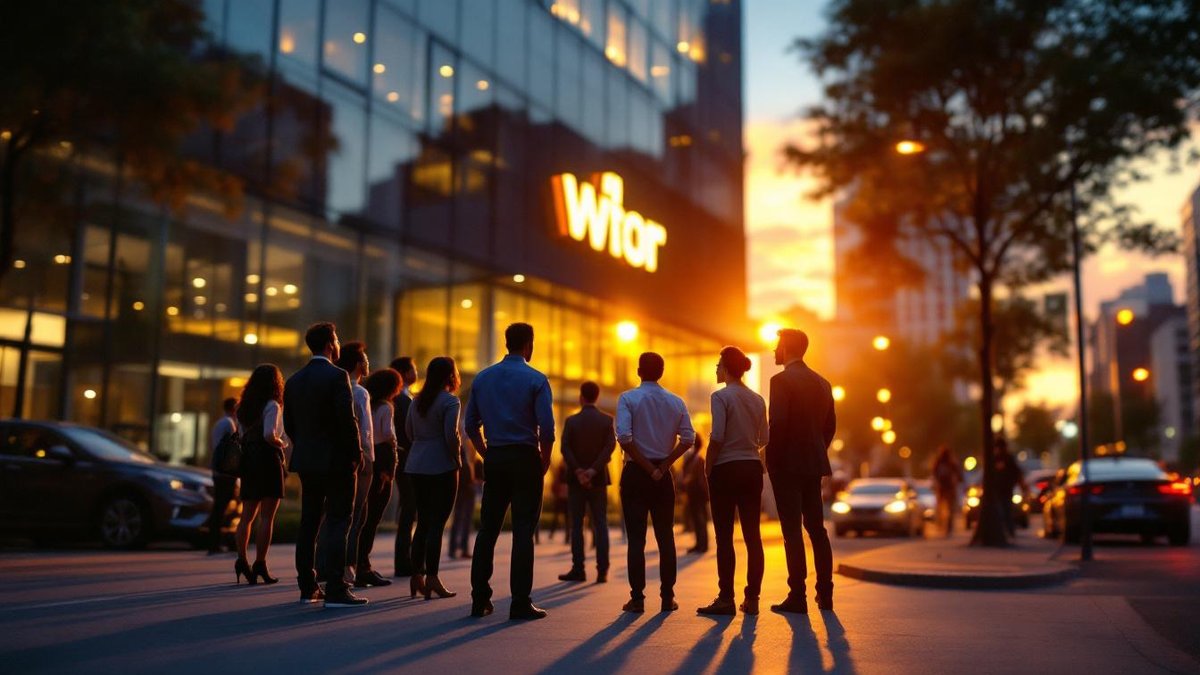Business professionals in Houston admire a logo design, dusk setting