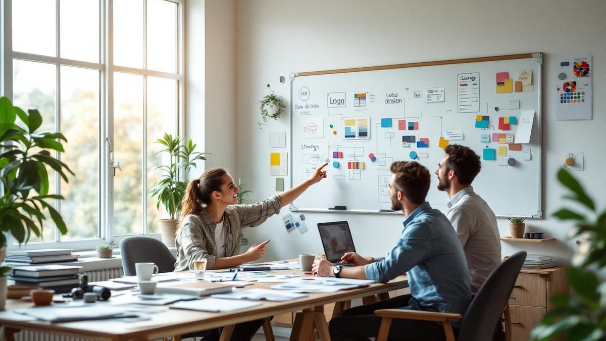 Graphic designer discussing logo design strategy with a client in a modern office.