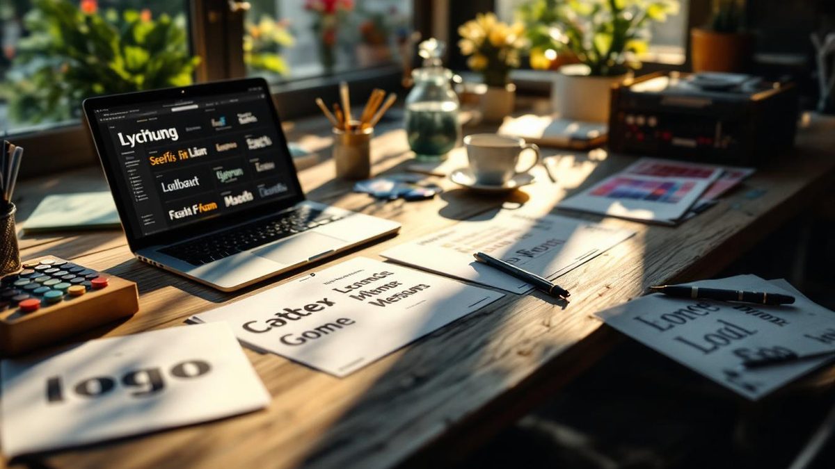 Graphic designer's workspace showcasing typography samples for logo design.