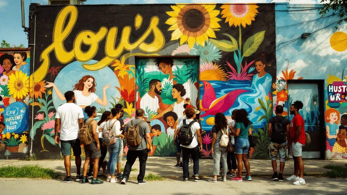 A diverse group of people in Houston engaging with colorful local art and murals that represent the city's culture.