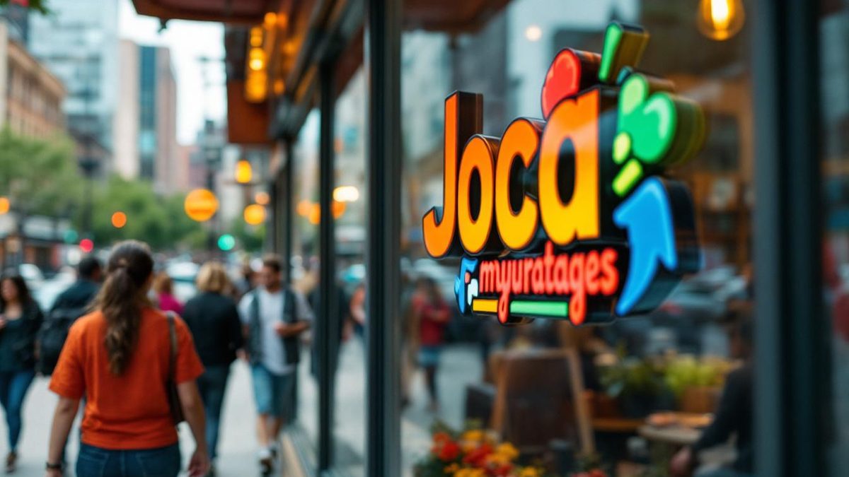 A vibrant logo on a storefront window in Houston, illustrating the importance of first impressions.