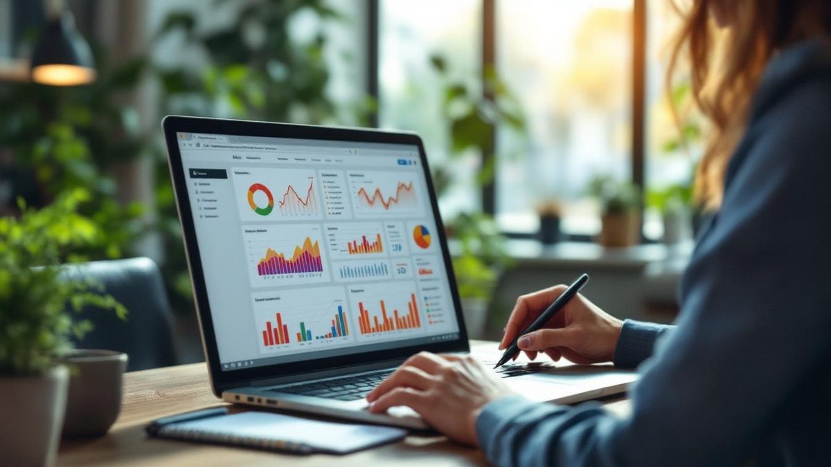 Business owner analyzing website analytics on a laptop in a modern office.