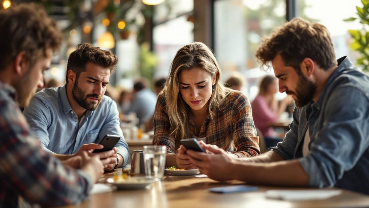 Frustrated customers at a Houston restaurant struggling with a poorly designed website on their smartphones.