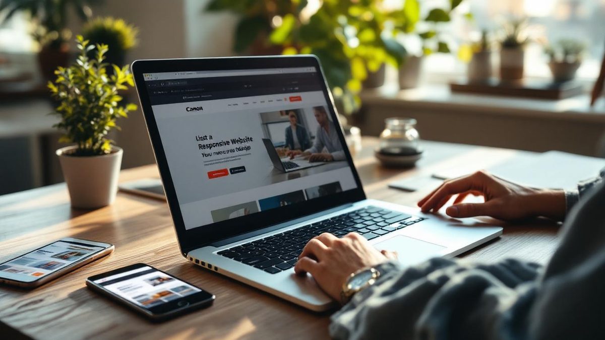 Designer working on responsive website design across multiple devices.