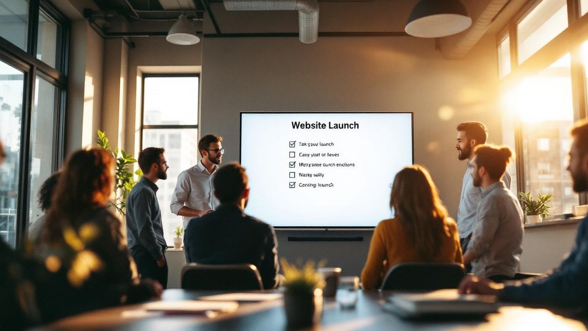 Team in Houston office reviewing website launch checklist on screen