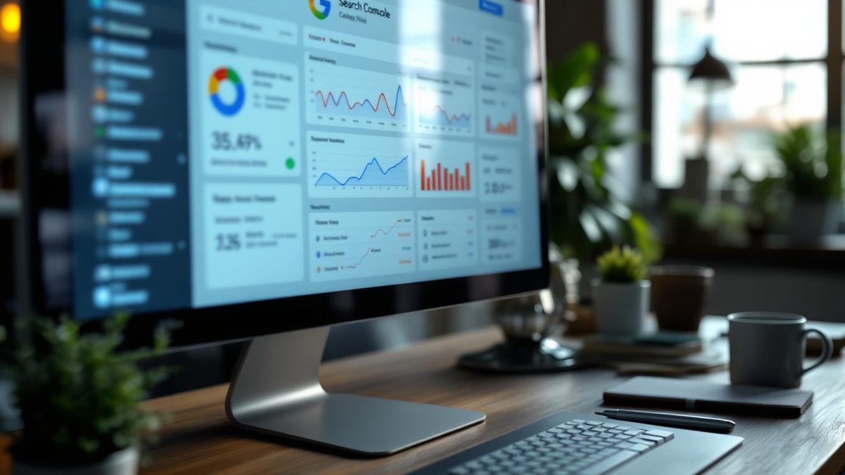 Google Search Console dashboard showing SEO analytics in a modern office setting.