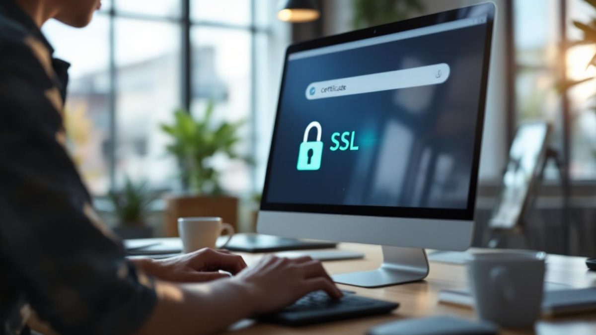 Close-up of a computer screen showing SSL certificate icon, emphasizing website security measures.