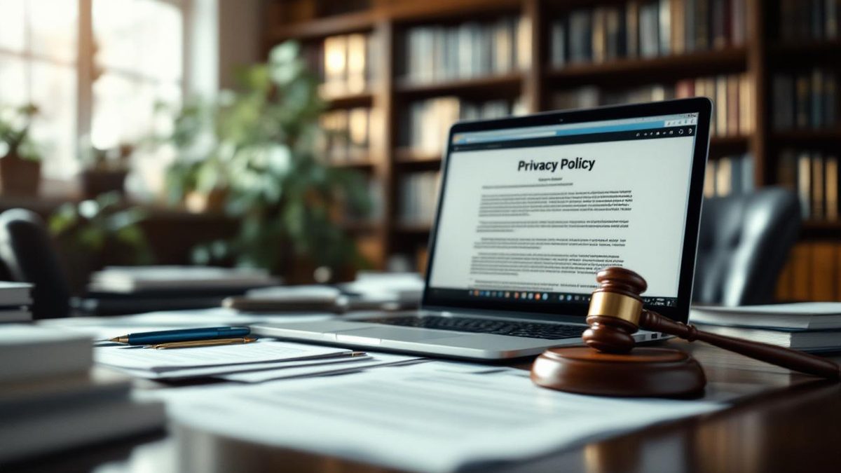 A lawyer's desk with legal documents and a laptop showing a website privacy policy.