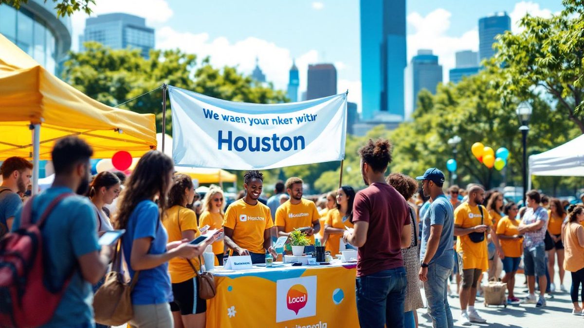 Community event in Houston promoting website engagement and interaction.
