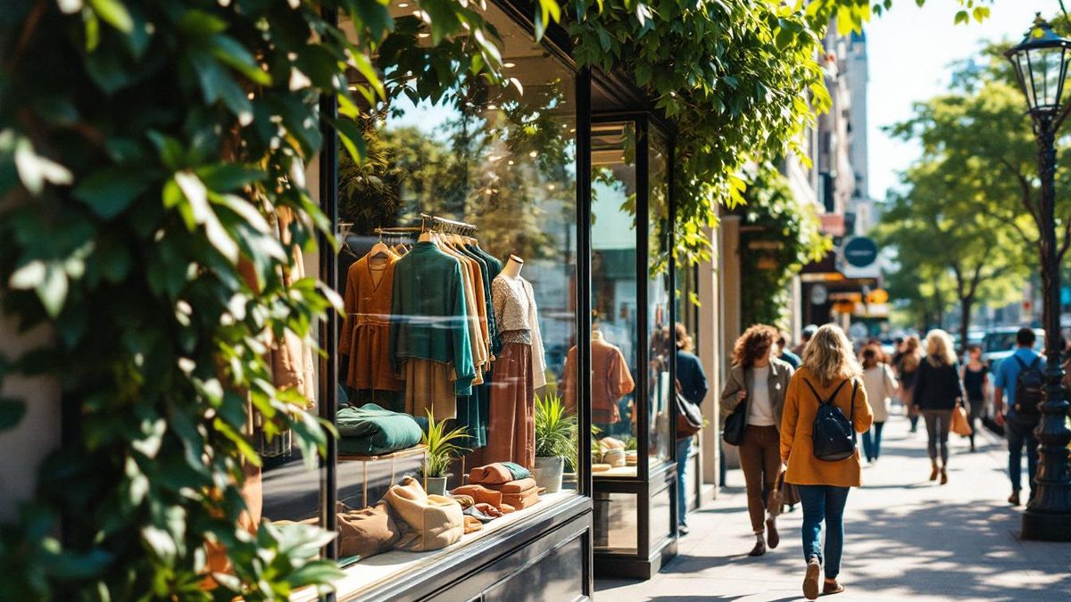 Houston fashion retailer storefront displaying earthy tones and greens, reflecting current color trends.
