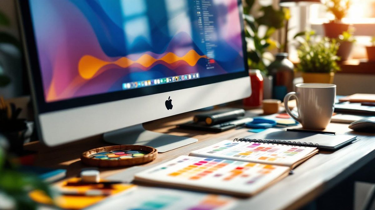 Web designer's workspace showcasing color harmony and contrast in web design.