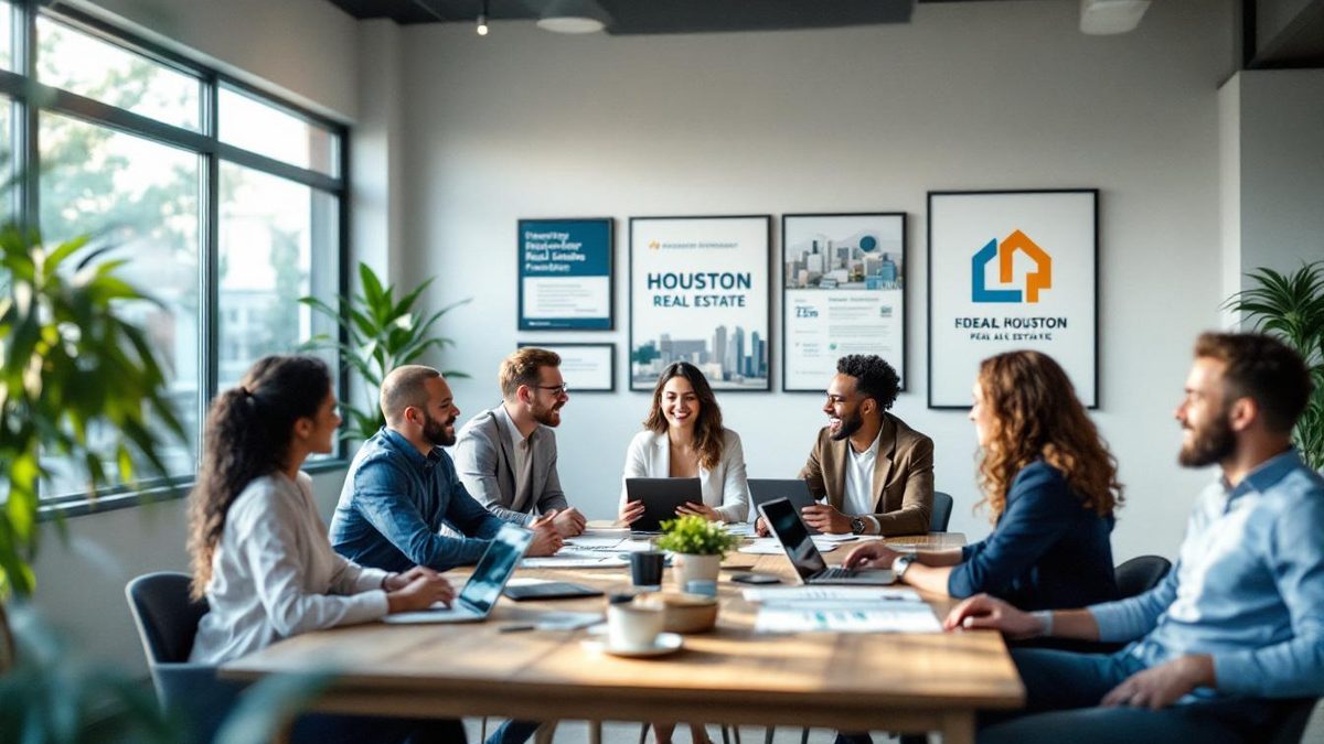 Real estate agents in Houston discussing branding strategies with updated logos in a modern office.