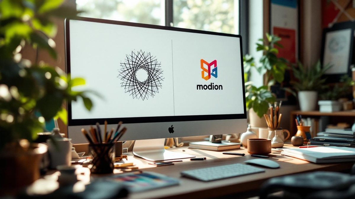 Designer workspace showing complex and simplified logo designs.