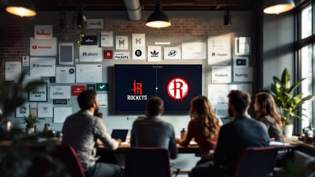 Team brainstorming logo redesigns in a creative office space, showcasing branding evolution.