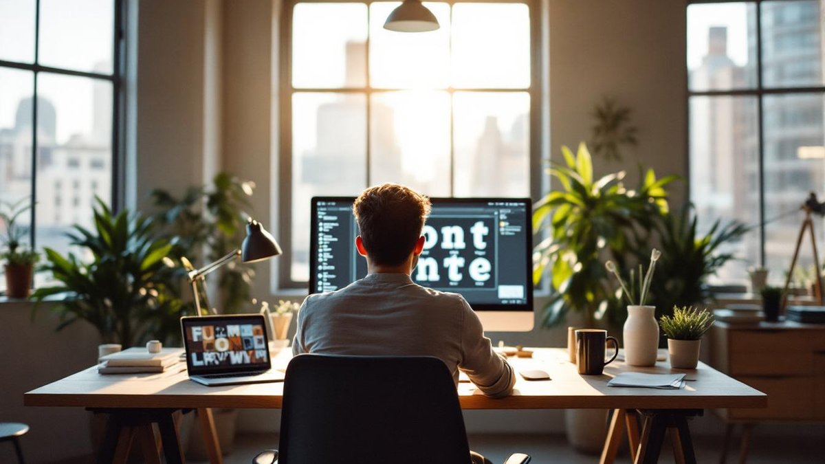 Designer choosing business website fonts in a Houston office