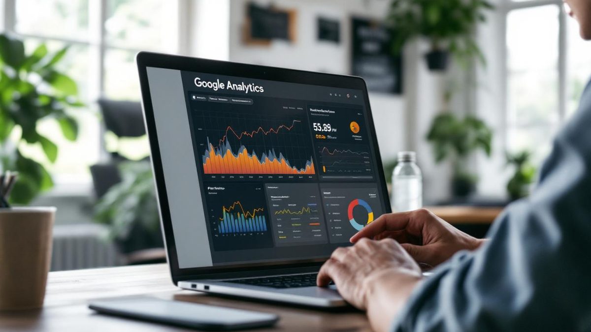 A person monitoring website performance using Google Analytics in a fitness studio office.