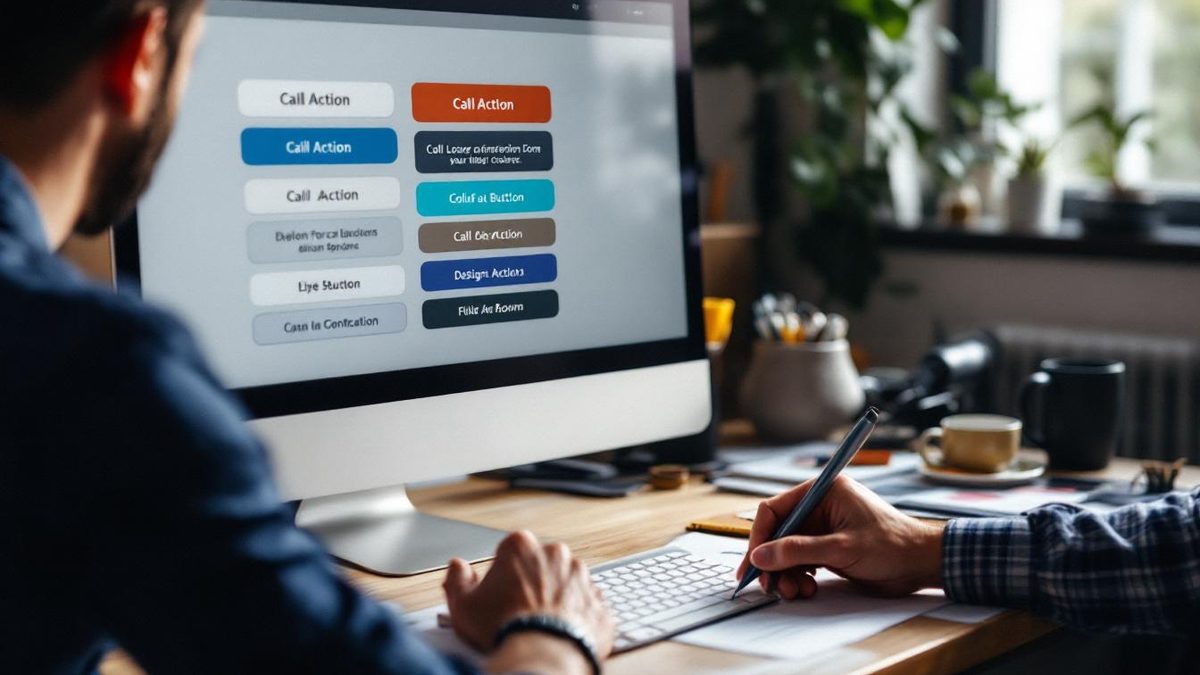 A designer analyzing different font styles on a website's call-to-action buttons.