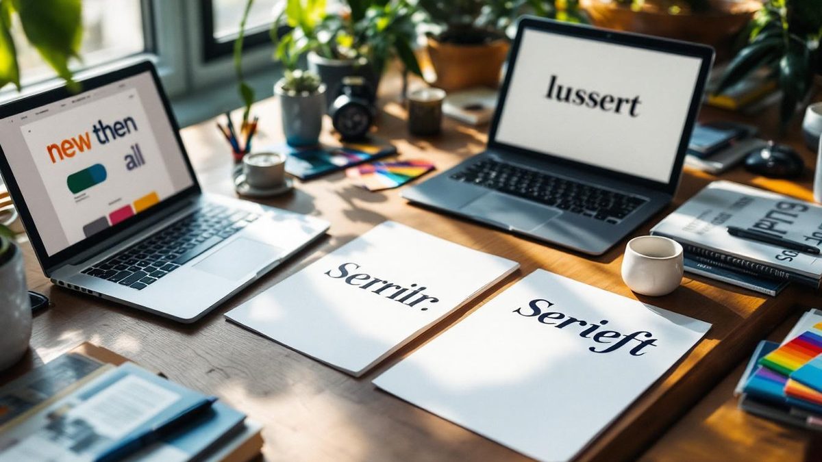 Designer workspace with printed font samples and web design mockup.