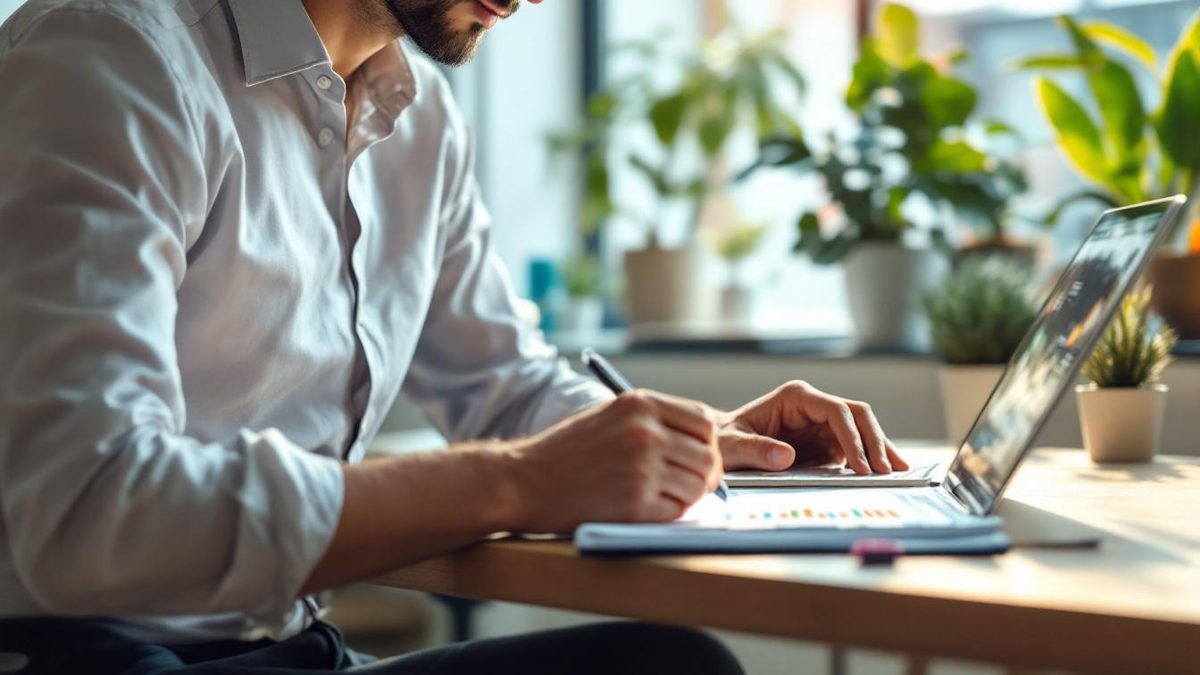 A person analyzing Google Analytics data on a laptop in a modern office setting.