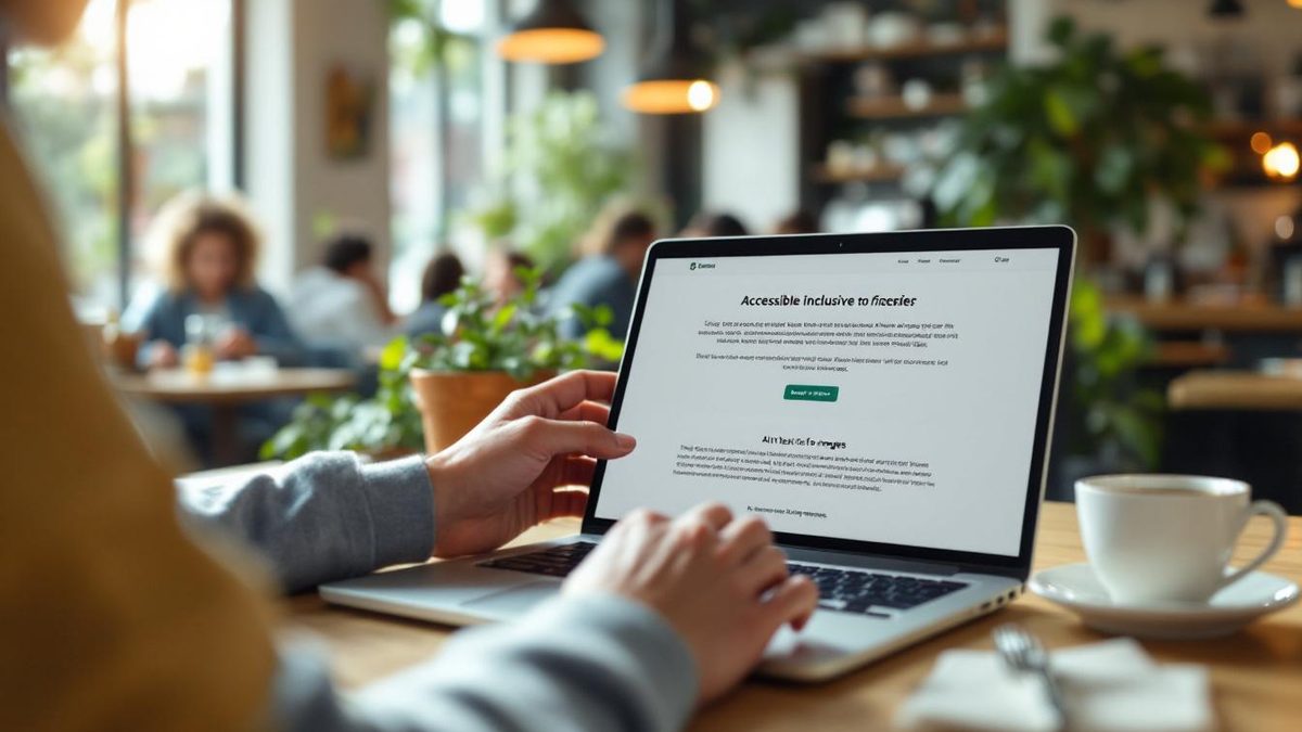 A person using a screen reader on a laptop in a café, showcasing an accessible website.