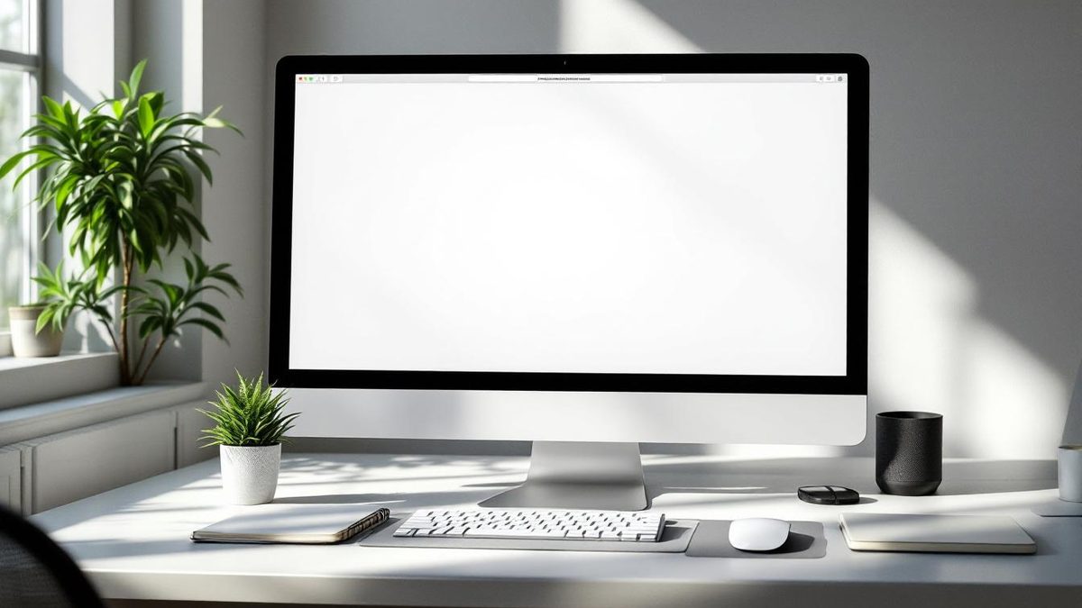 An office with a minimalist website design on a computer screen, showcasing simplicity and white space.