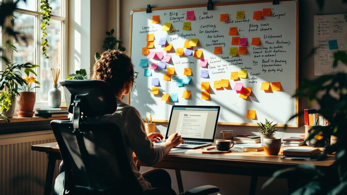 A content creator brainstorming ideas for engaging website content in a bright office.