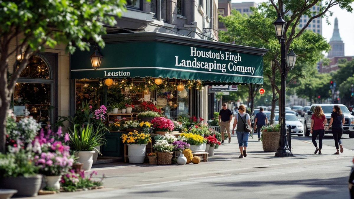 A local landscaping company in Houston with a vibrant storefront and lush plants, set against a bustling street scene.