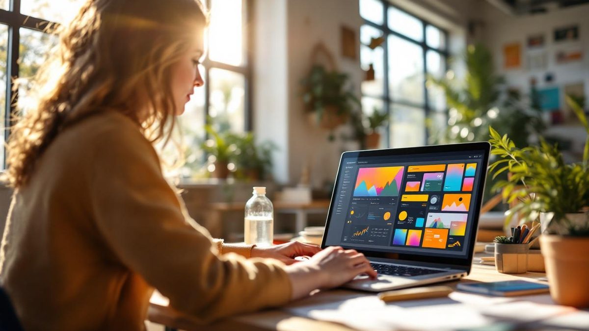 Designer working on a laptop with Webflow interface, focusing on user experience and design in a bright office.