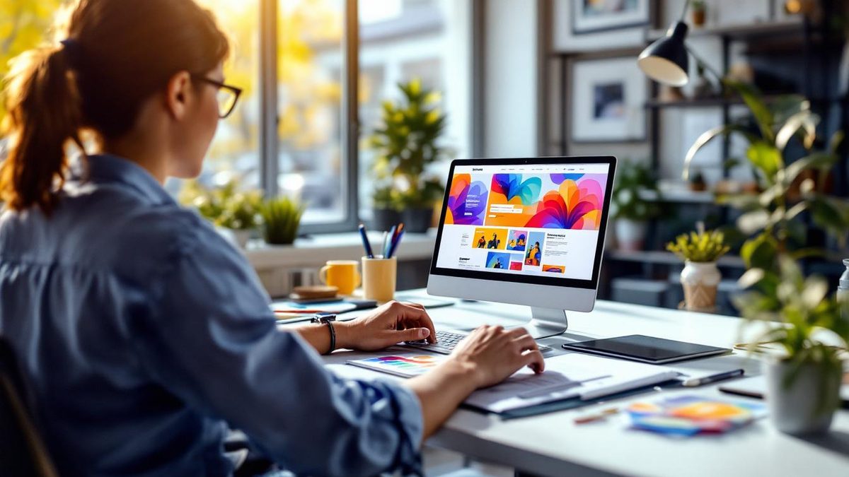 Designer creating a vibrant website design on a laptop in a modern office.