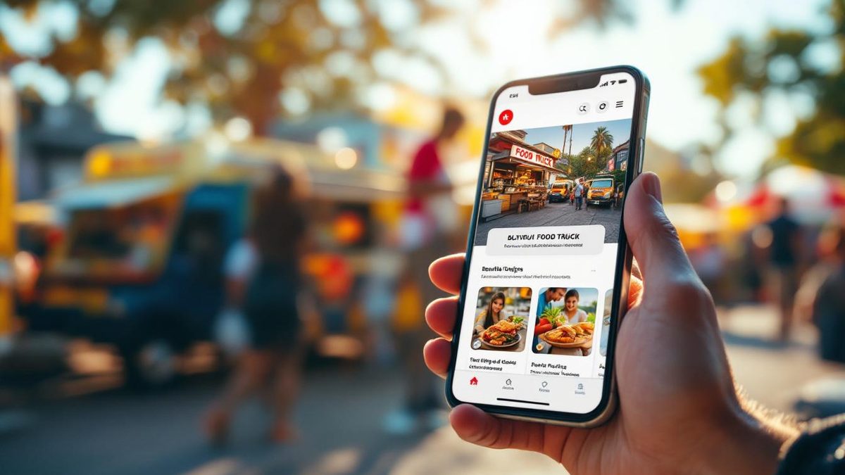 Smartphone displaying a responsive mobile website for a food truck in a lively outdoor food truck setting.