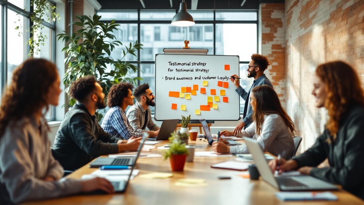 Marketing team developing a testimonial strategy in a modern office.