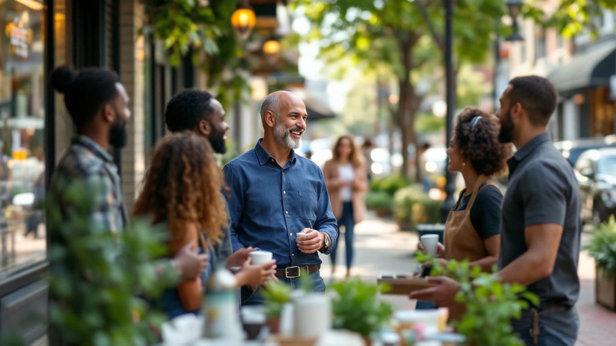 Small business owners in Houston sharing testimonials with clients in a lively street setting.