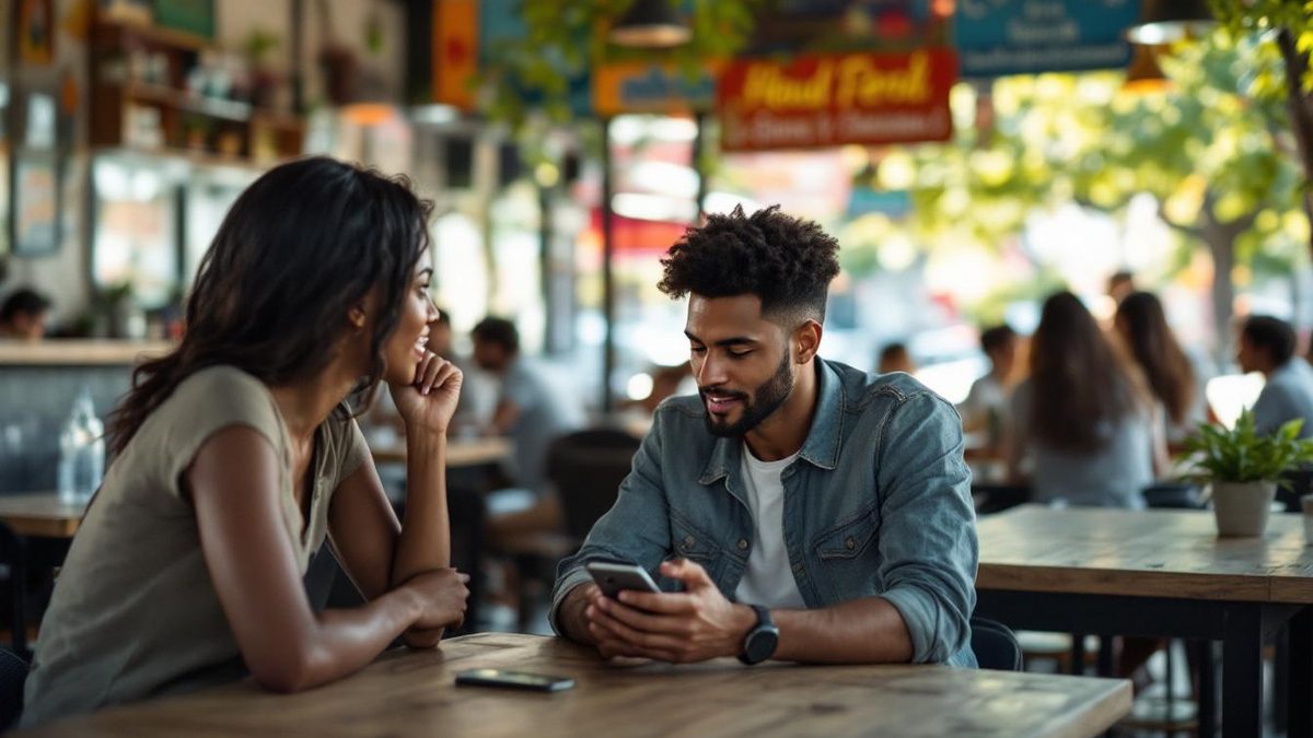 People at a café in Houston discussing testimonials and reviews on their smartphones.
