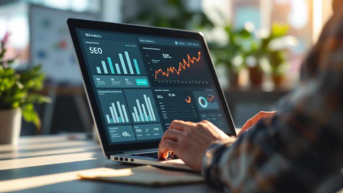 Business owner reviewing SEO metrics on a laptop in a modern office.