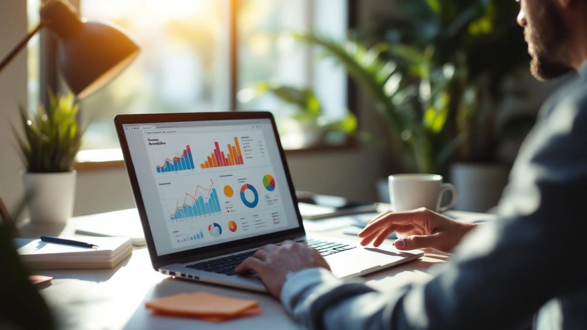 Business owner reviewing website analytics on a laptop in a modern office.