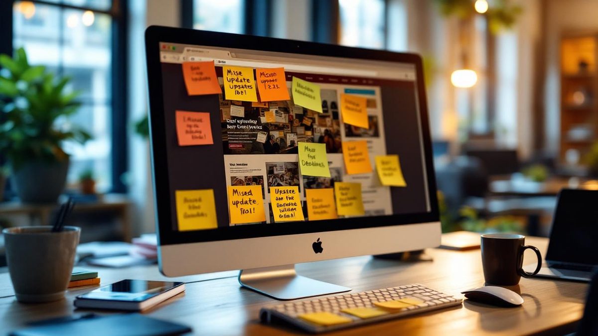 A computer screen showing an outdated website design with sticky notes and a calendar in a bright office.