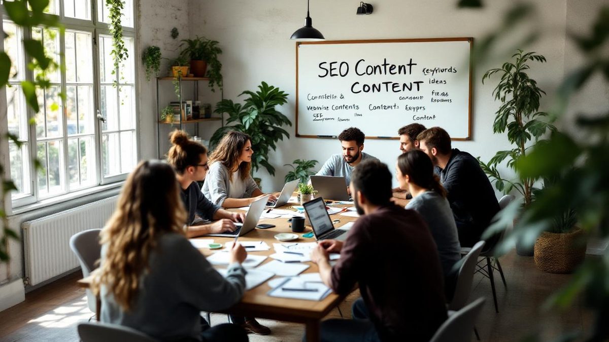 Team collaborating on web content strategies in a bright office setting.