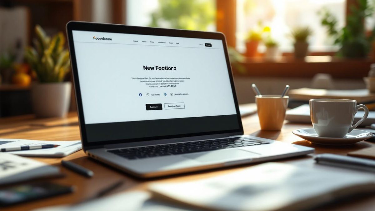 Close-up of a laptop displaying a well-designed website footer in a bright, inviting workspace.
