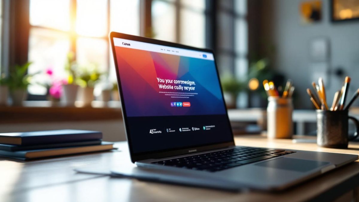 Close-up of a well-designed website footer on a laptop in a modern office.